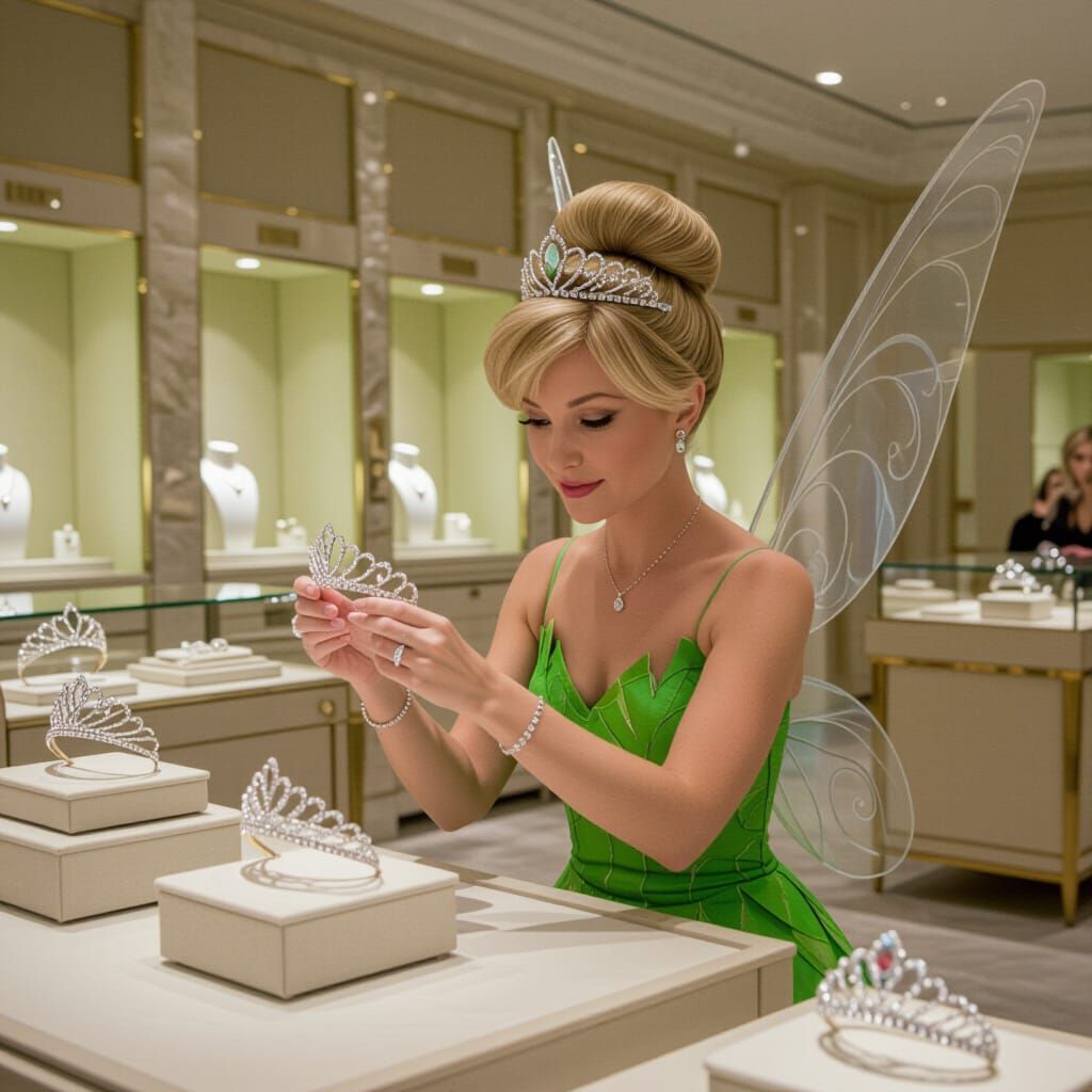 Tinker Bell Tries On Tiaras at 5th Ave Jewelry Store