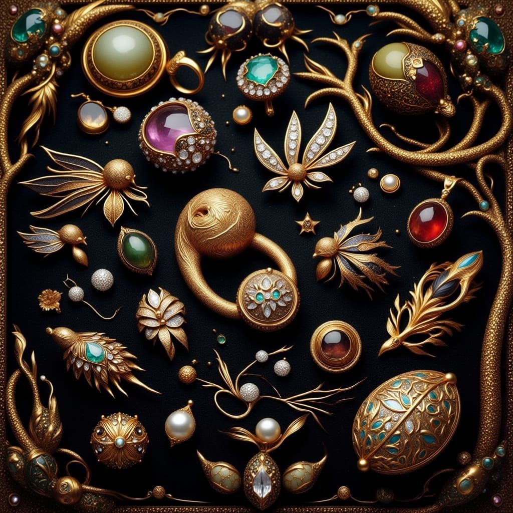 Luxurious Jewels on Velvet in Alphonse Mucha Style