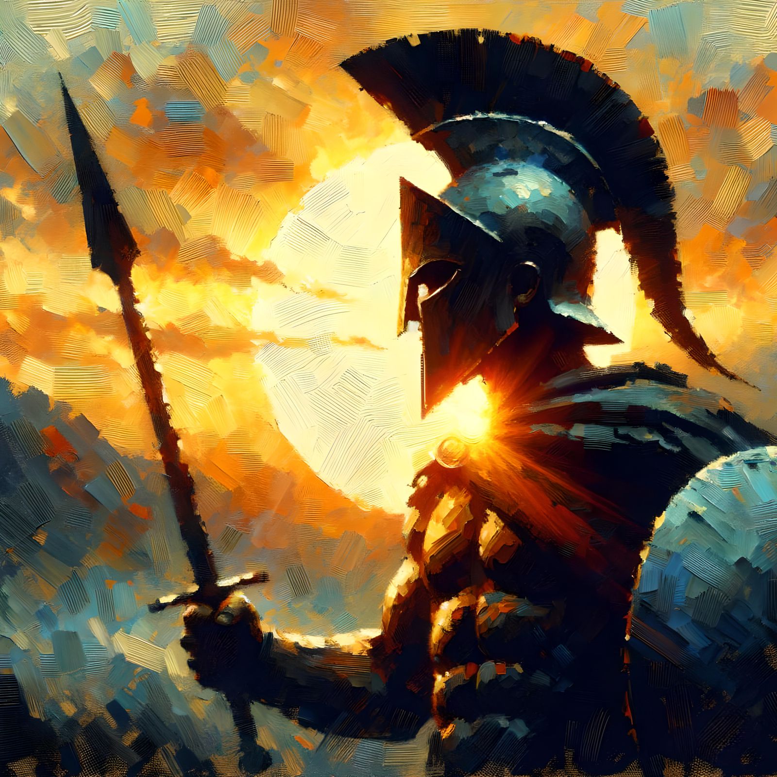 Spartan Soldier in Impressionistic Sunset Silhouette