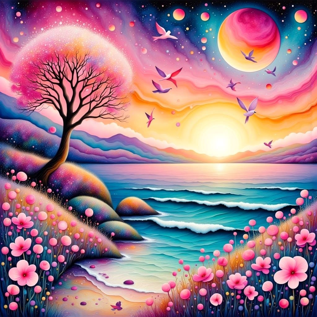 Whimsical Sunset Blooms in Vibrant Art Deco Style