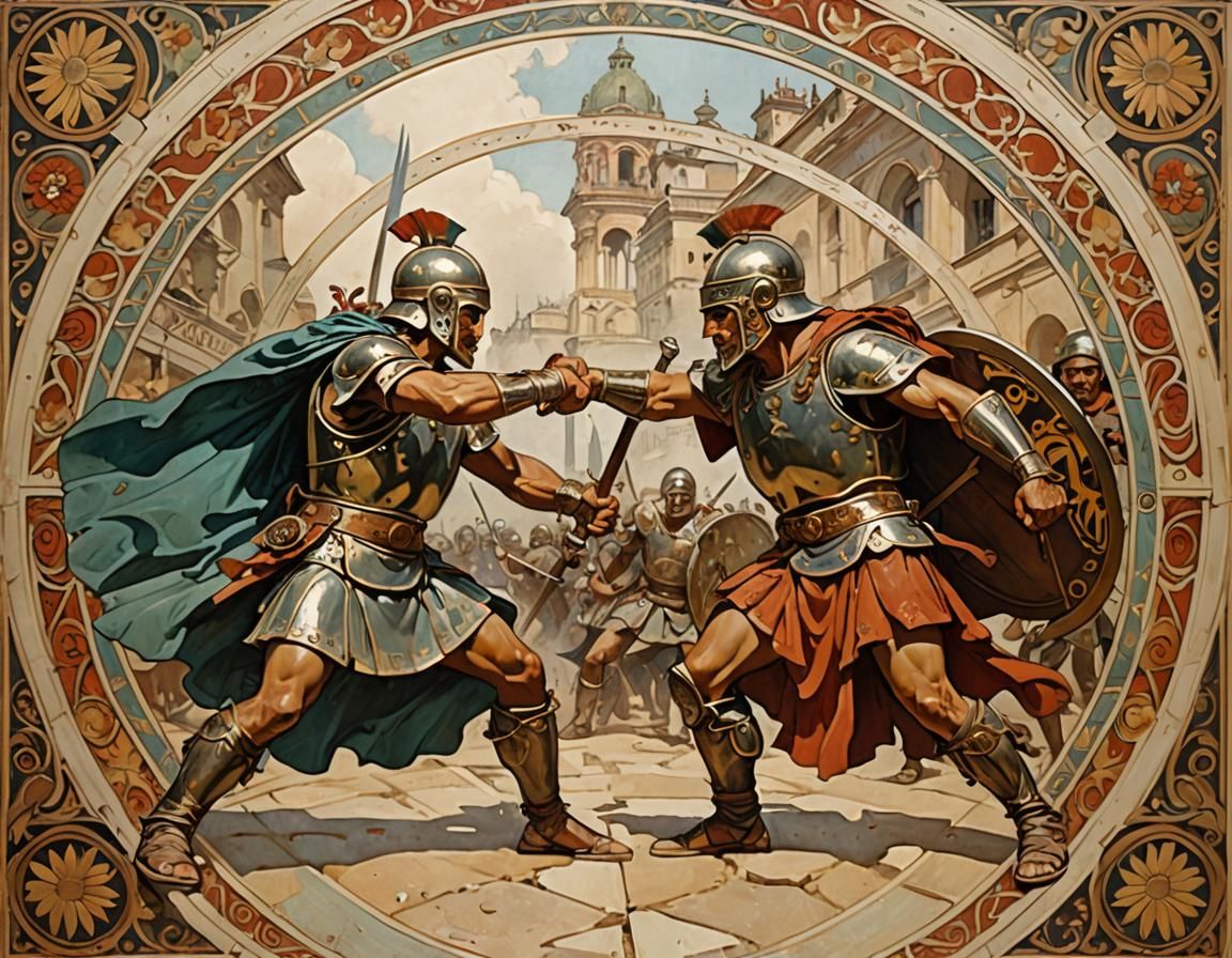 Gladiatorial Combat in Art Nouveau Style