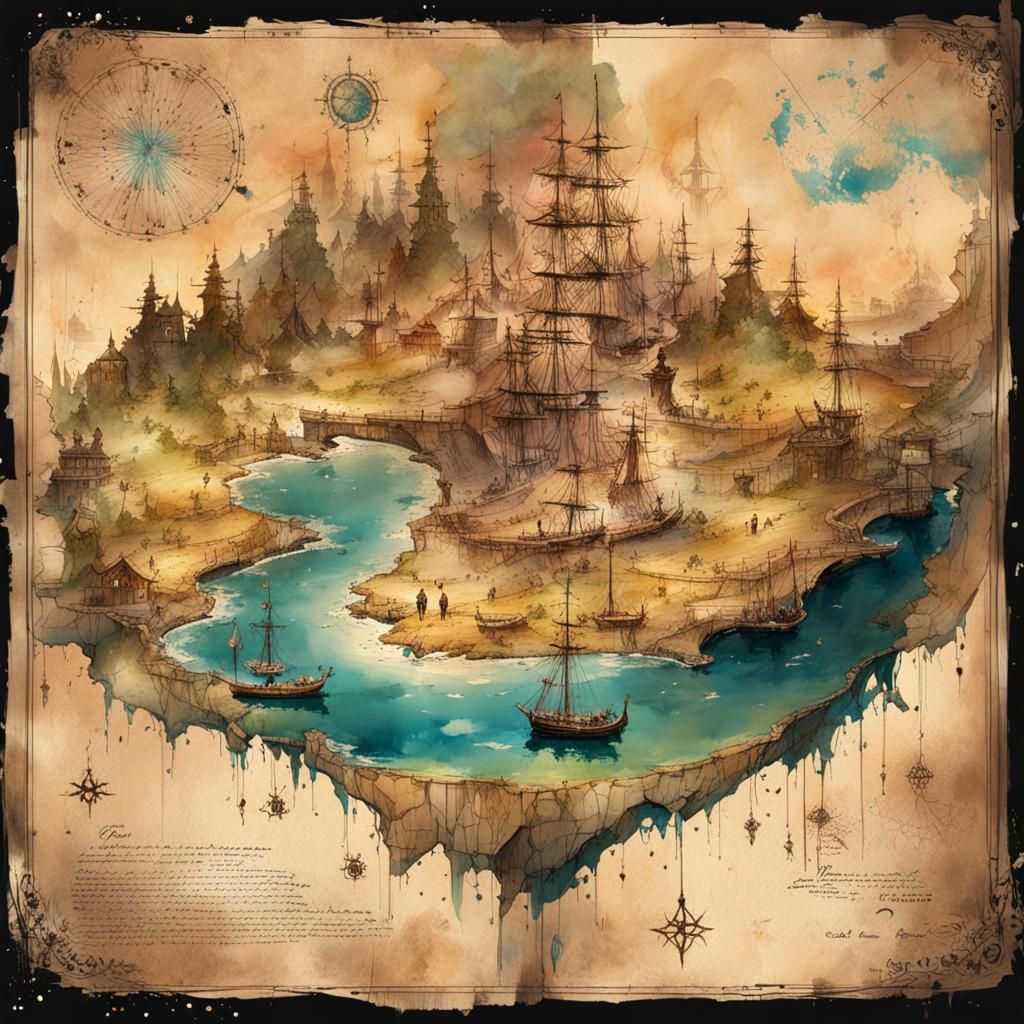 Fantastic Treasure Map in Watercolor Splash Art