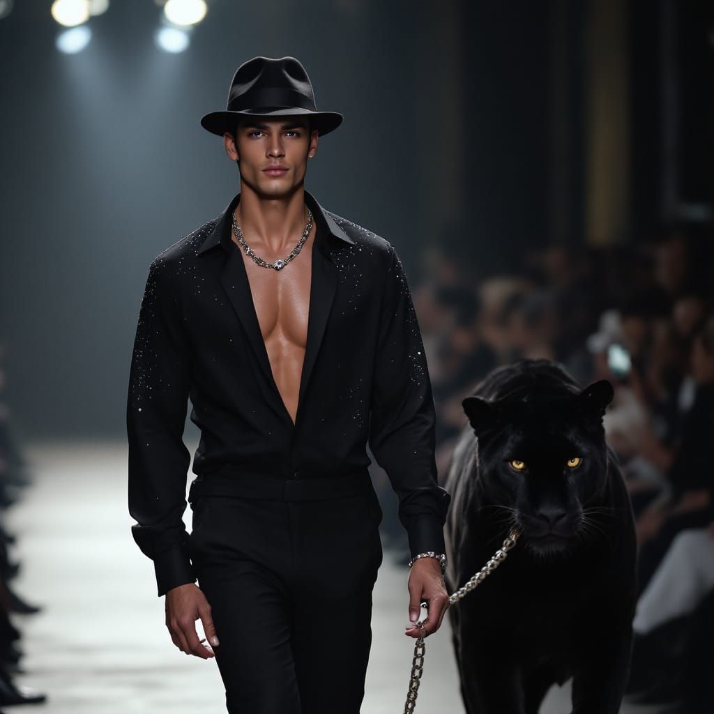 Male Model with Black Fedora and Panther on Runway