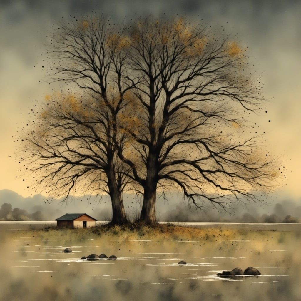 Dramatic Dusk Landscape with Lake and Ancient Oak Trees