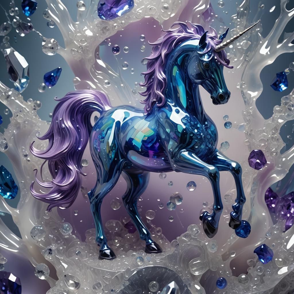 A hyper-realistic unicorn sculpture made from sapphire crystal glass, featuring a bioluminescent and fluorescent glow. T...