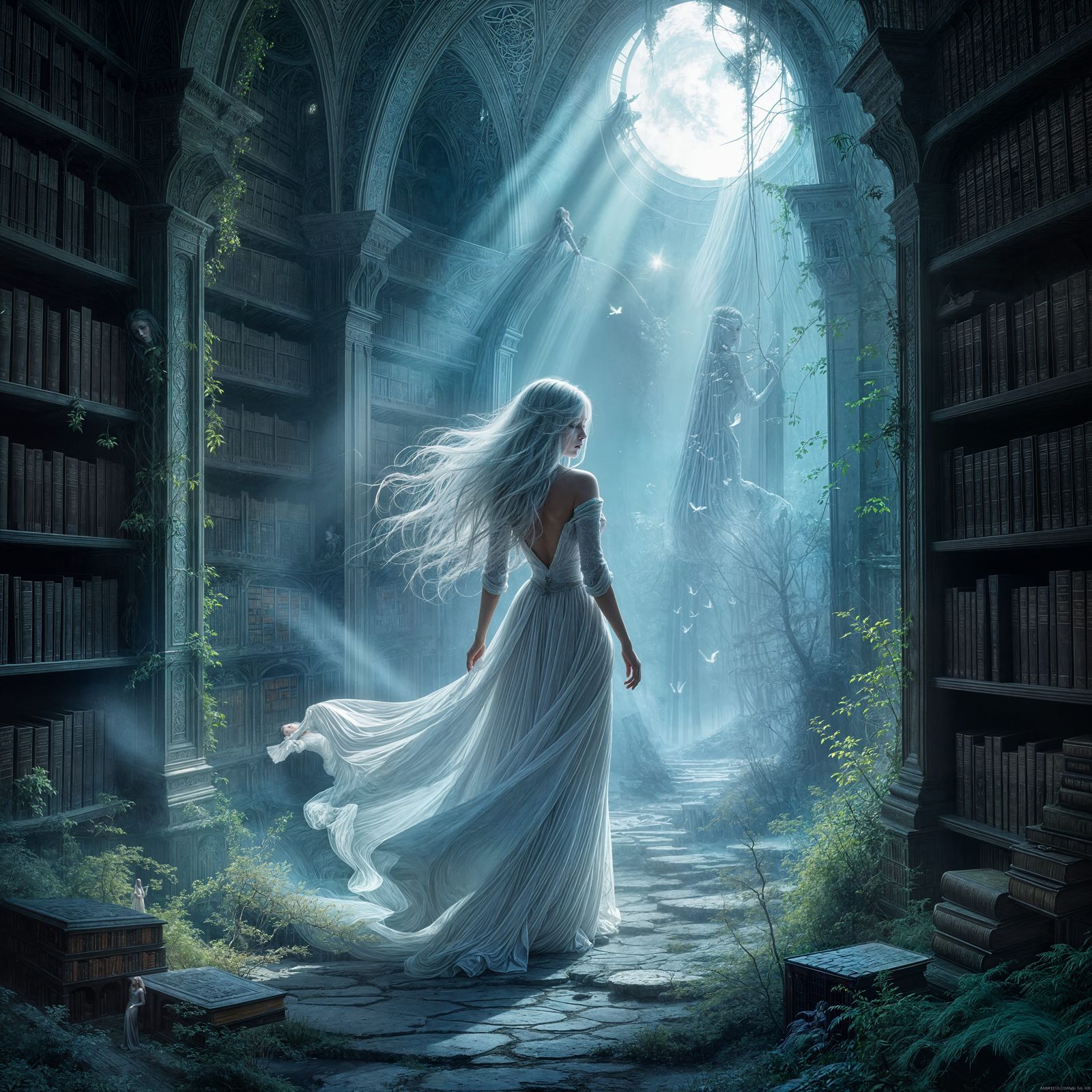 Ethereal Woman in Moonlit Library, Dark Fairy Tale Illustrat...