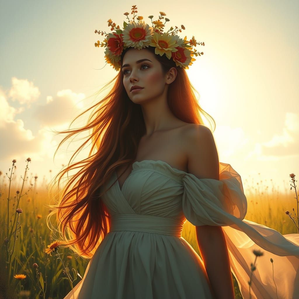 Woman with Floral Crown in Sun-Drenched Meadow