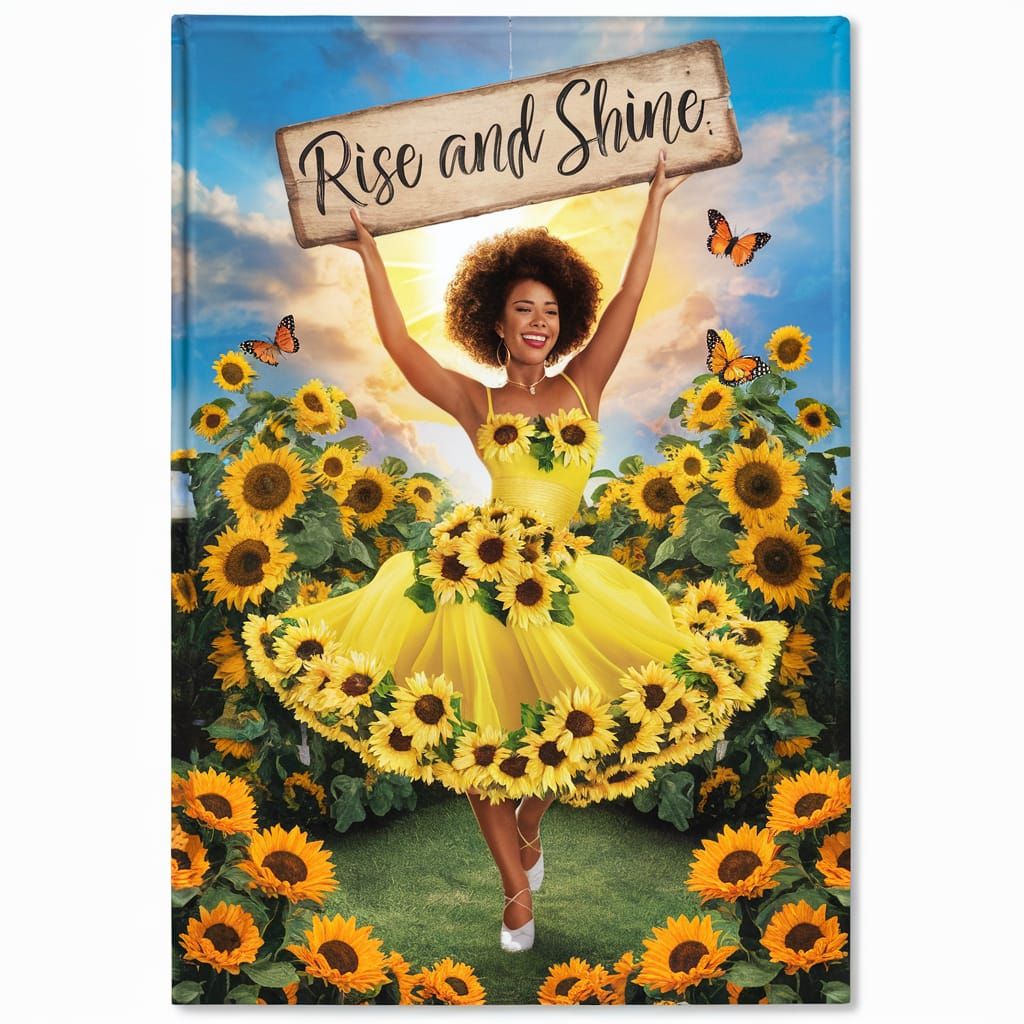 Woman Dancing in Sunflower Garden with Sign