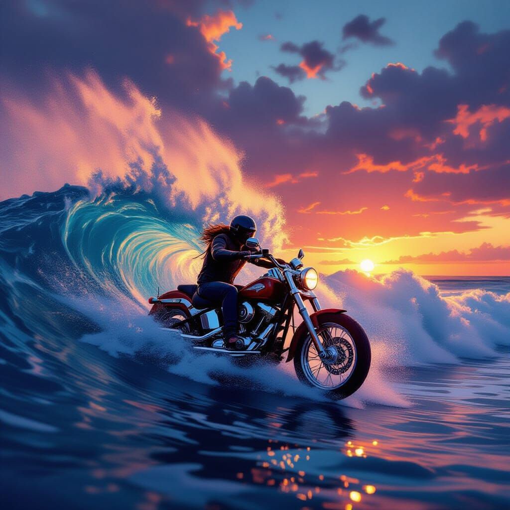 Harley Biker Surfing Sunset Wave in Painterly Style