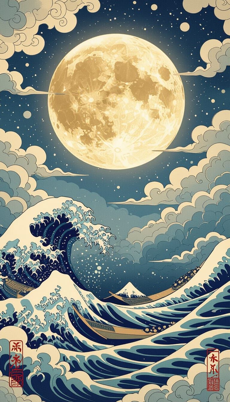 Ethereal Moon Over Stormy Seas in Ukiyo-e Style