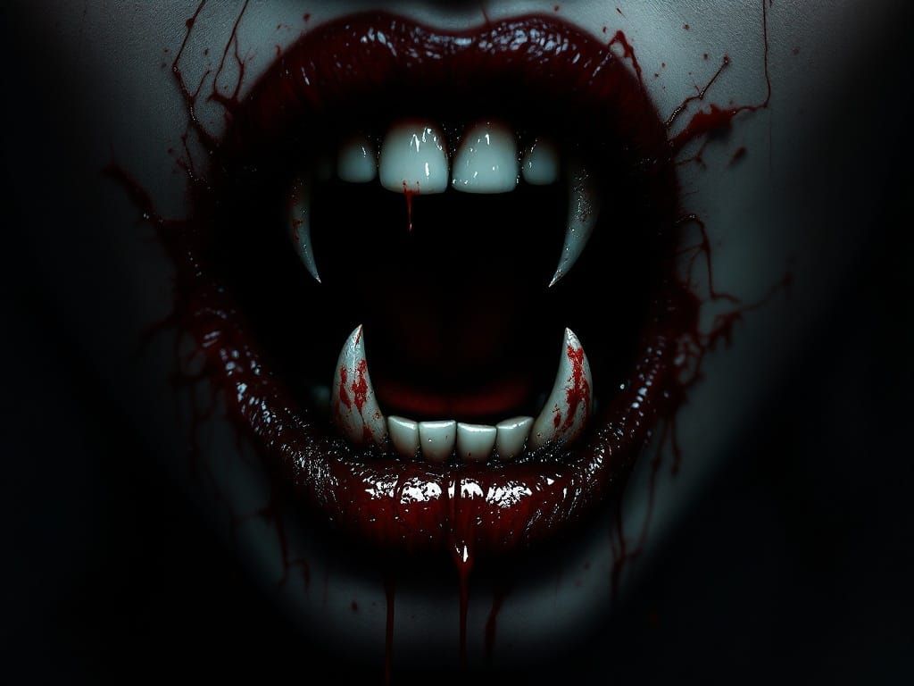Gothic Woman's Mouth with Blood and Sharp Teeth