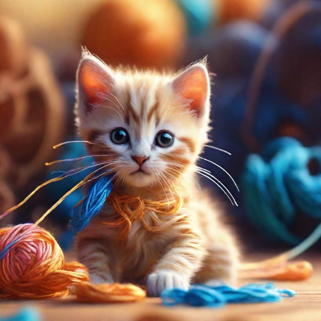 Kitten Playing with Yarn in Whimsical Fantasy World