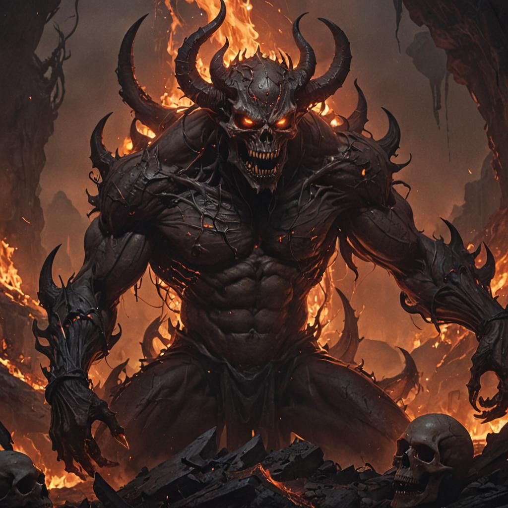 "Aggressive demon ripping apart soul after soul, hunter for majestic lord (Satan:1.2)." Sharp detailed ZBrushed fire; 3d...