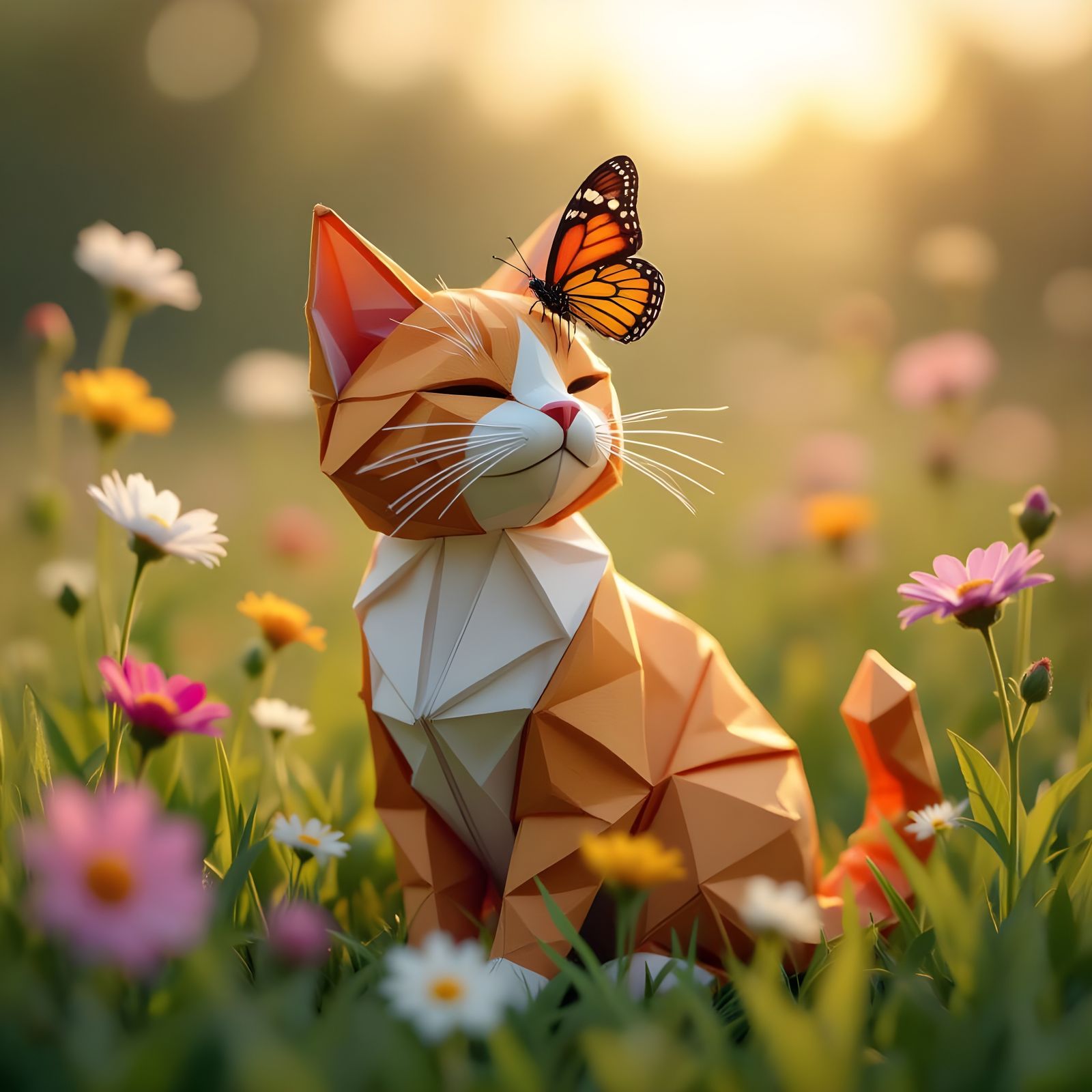 Origami Cat with Butterfly in Sunny Meadow