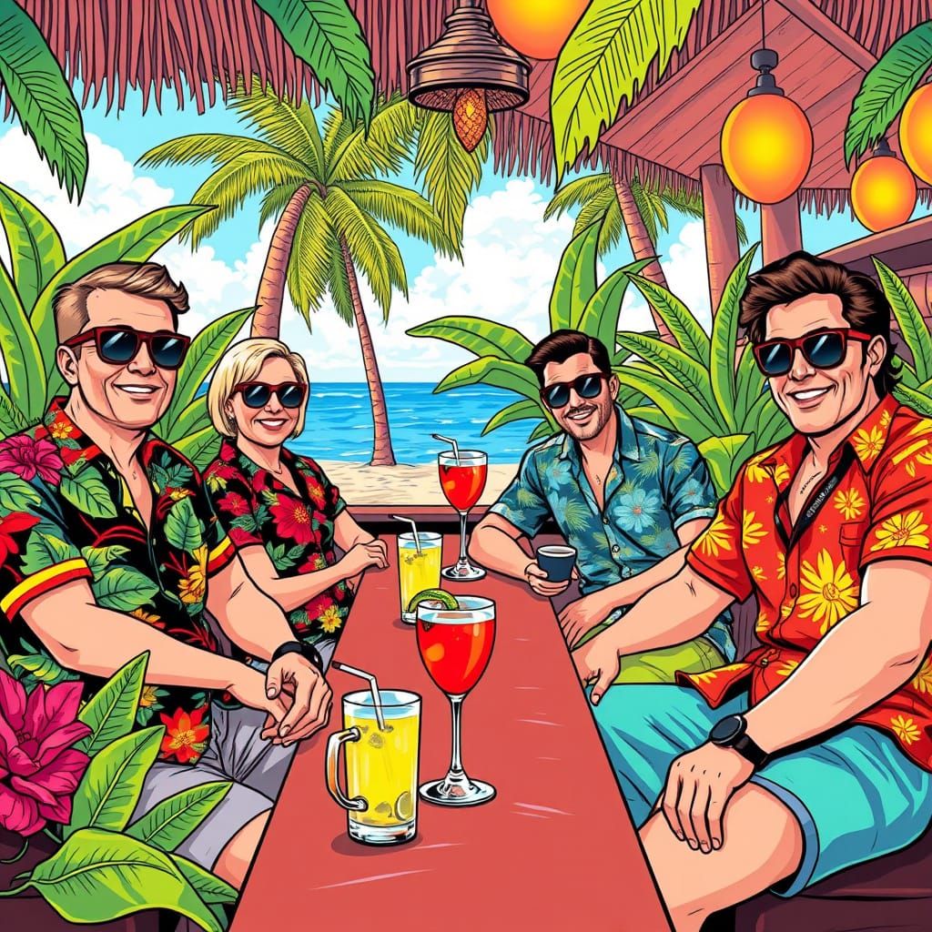 Tourists at Beach Bar in Comic Book Style