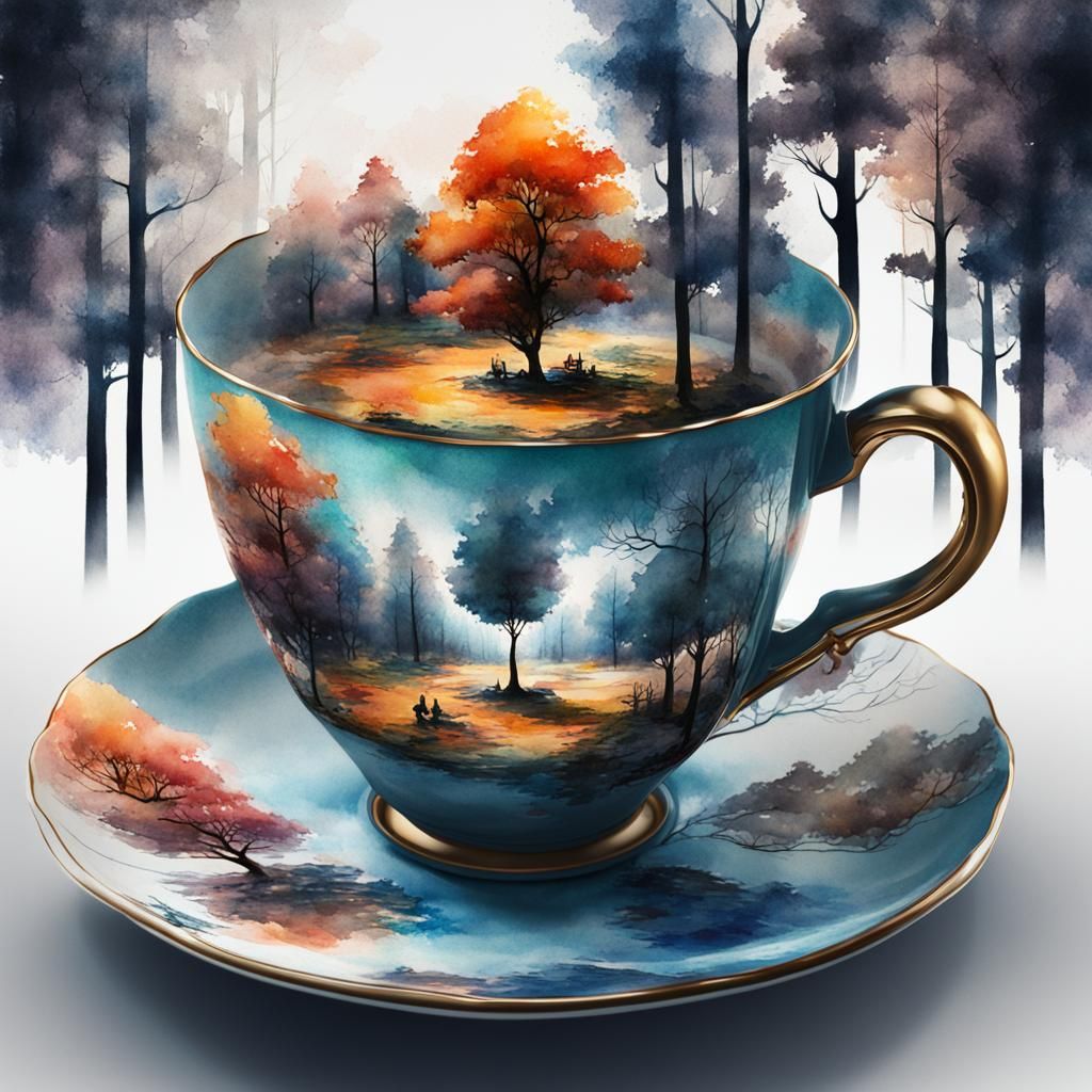 Teacup Double Exposure: Vintage Watercolor Ink Painting