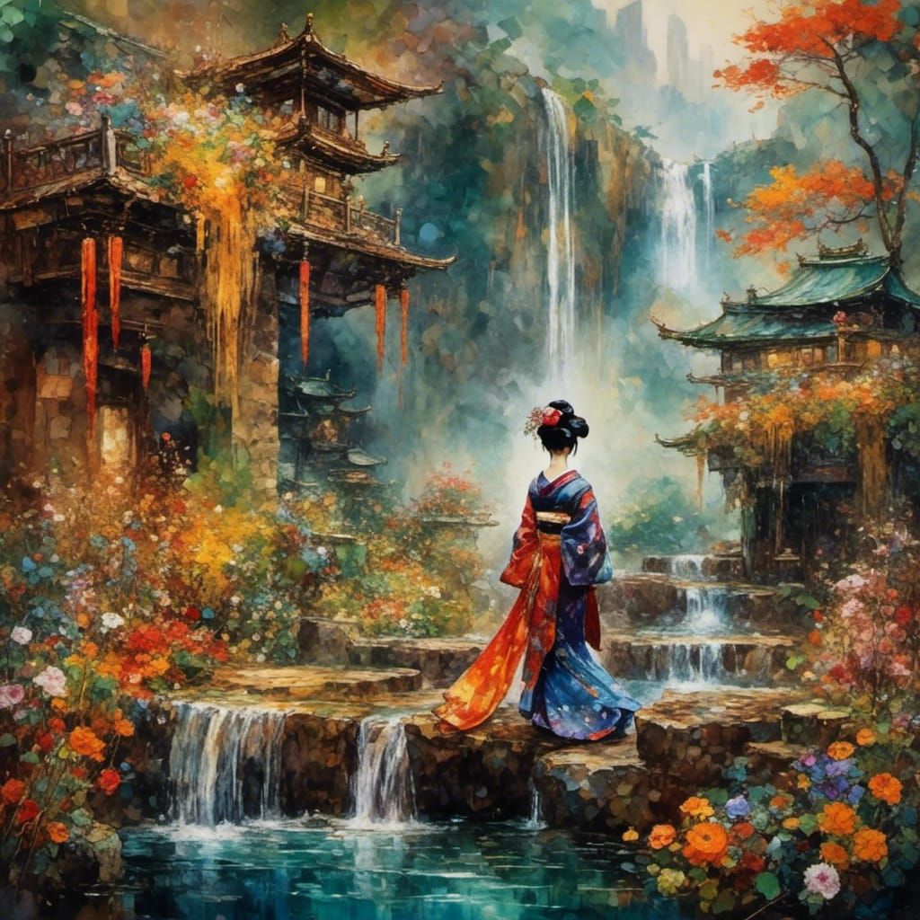 Geisha in Waterfall Garden: Water-Ink Style