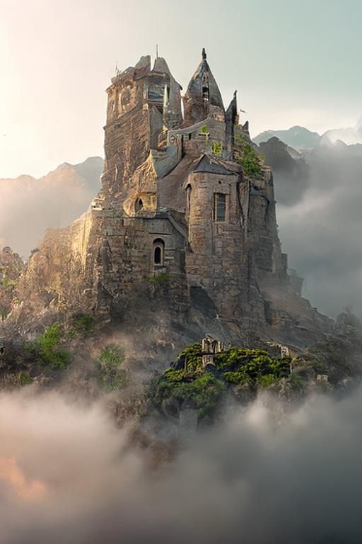 Mystical Castle and Watchtower in Mists: Fantasy Landscape