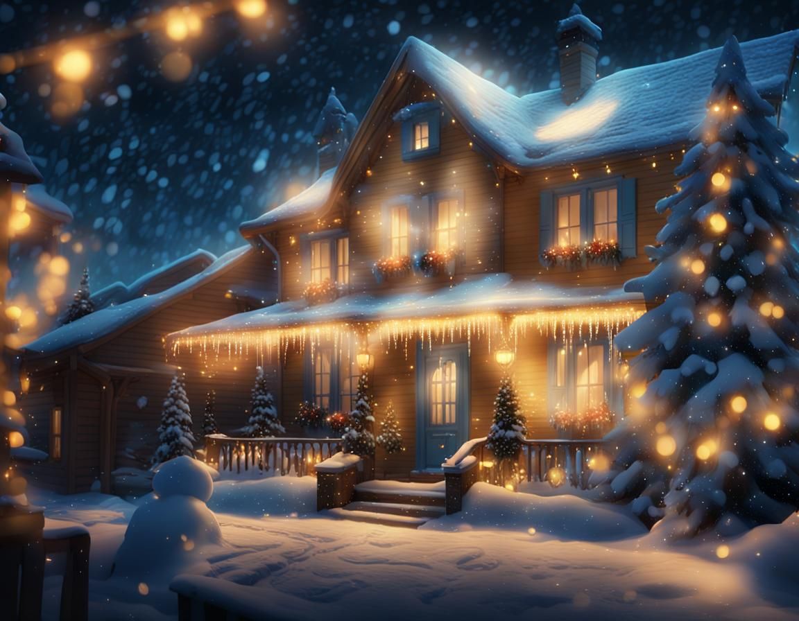 Cozy Snow-Covered House with Christmas Lights