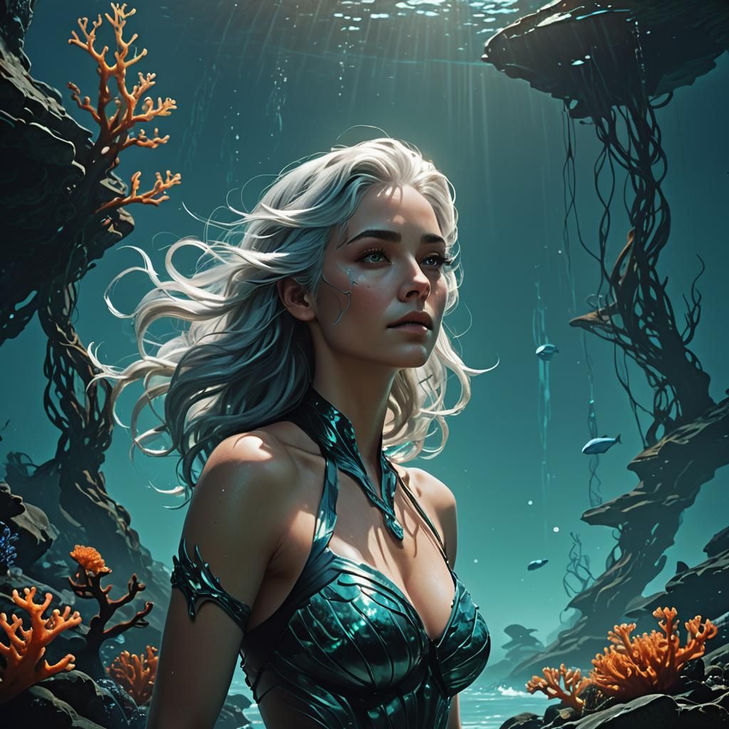 Silver-Haired Siren in Deep Sea: Cinematic Digital Art