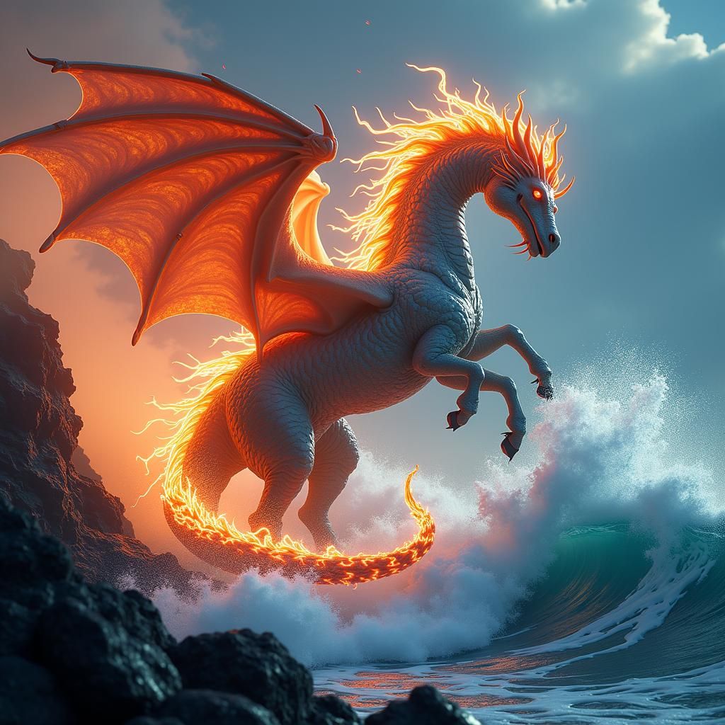 Lava Dragon vs Ocean Unicorn in Neon Landscape