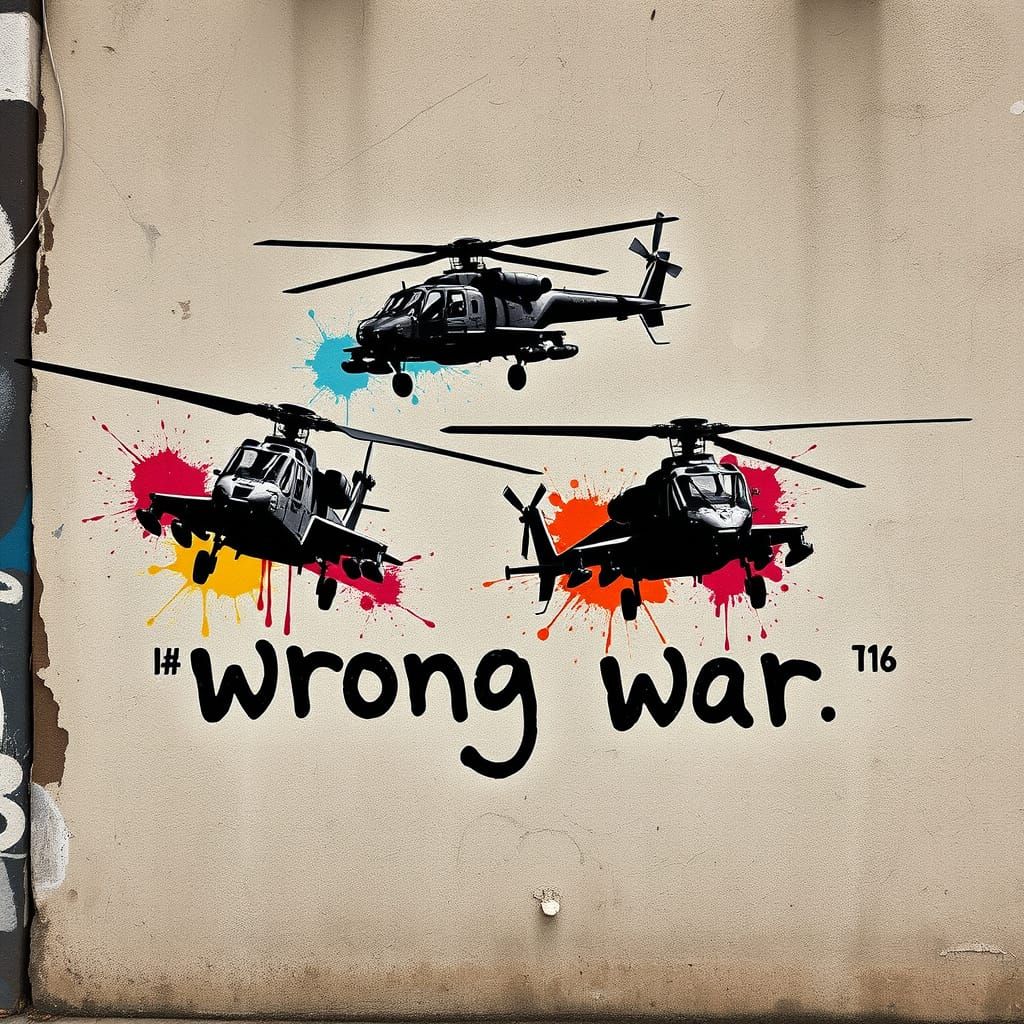 Combat Helicopters in Banksy-Inspired Stencil Art