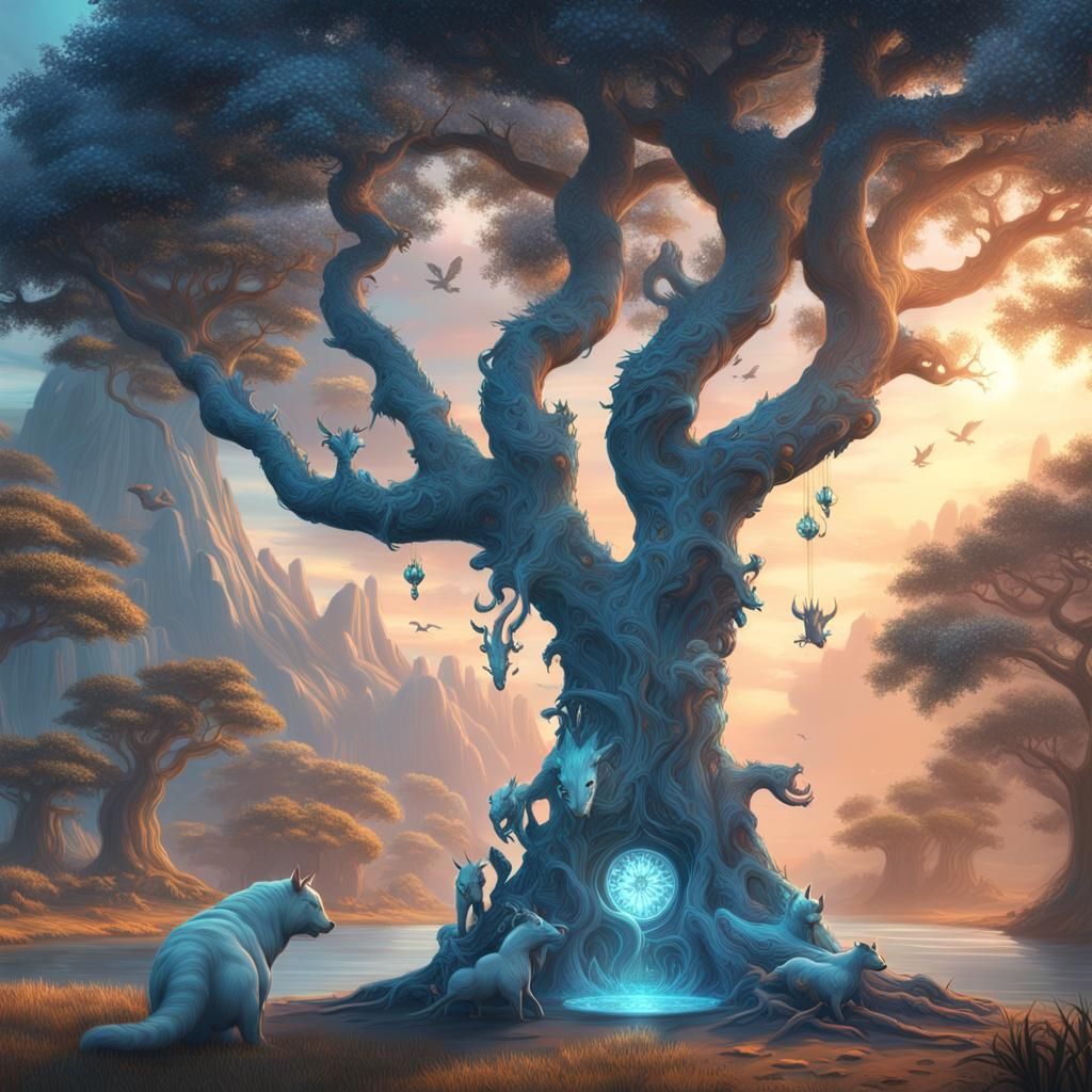 Pastel Tree of Life with Animals: Fantasy Art