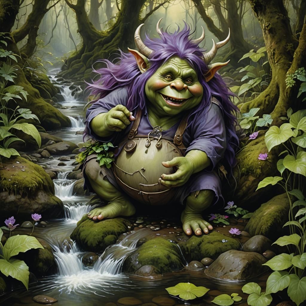 Happy Troll Wading in Creek: 3D Rendered Art