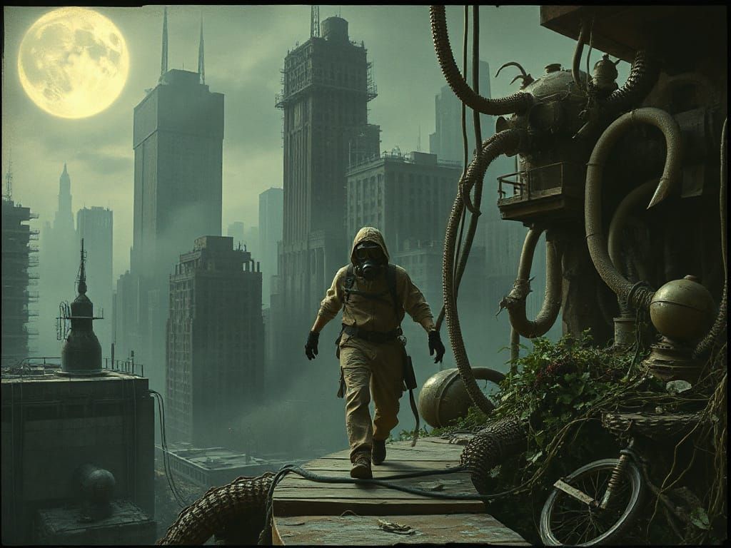 Dreamlike Post-Apocalyptic Cityscape in Sepia Tones