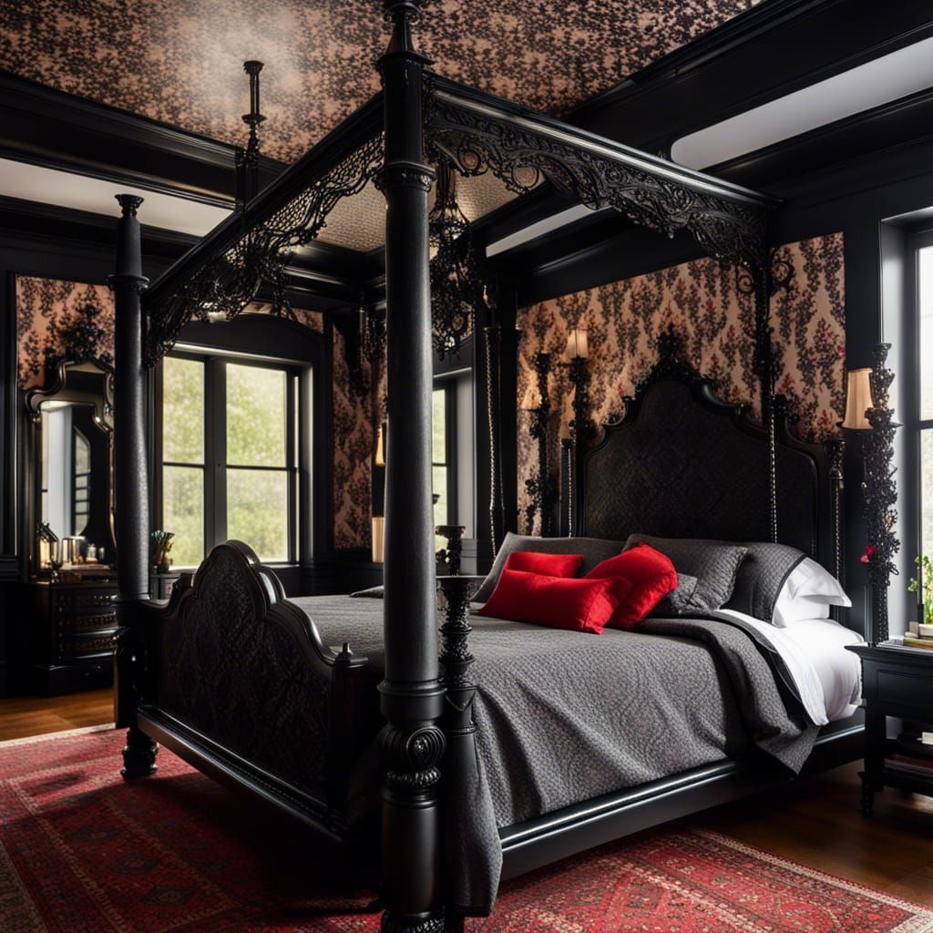 Gothic Bedroom with Ornate Bed and Red Ceiling