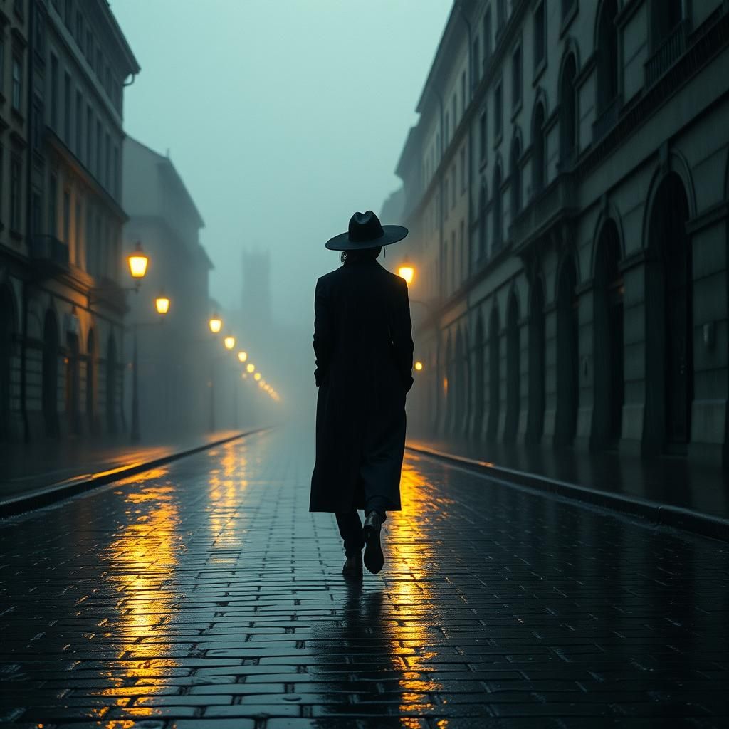 A somber, rain-soaked city street at twilight. Tith heavy