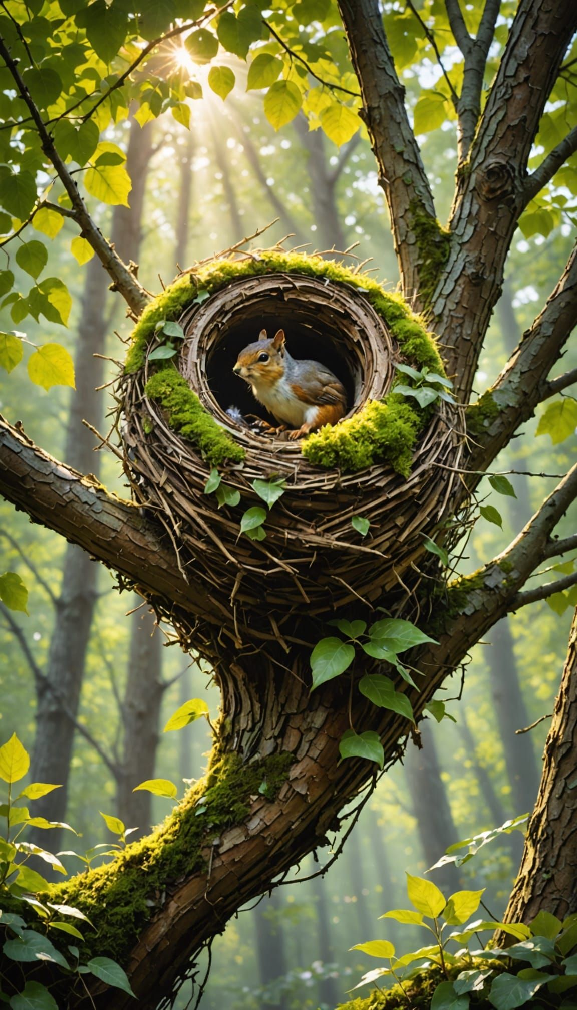 Birds Rebuild Squirrel's Nest in Lush, Vibrant Landscape