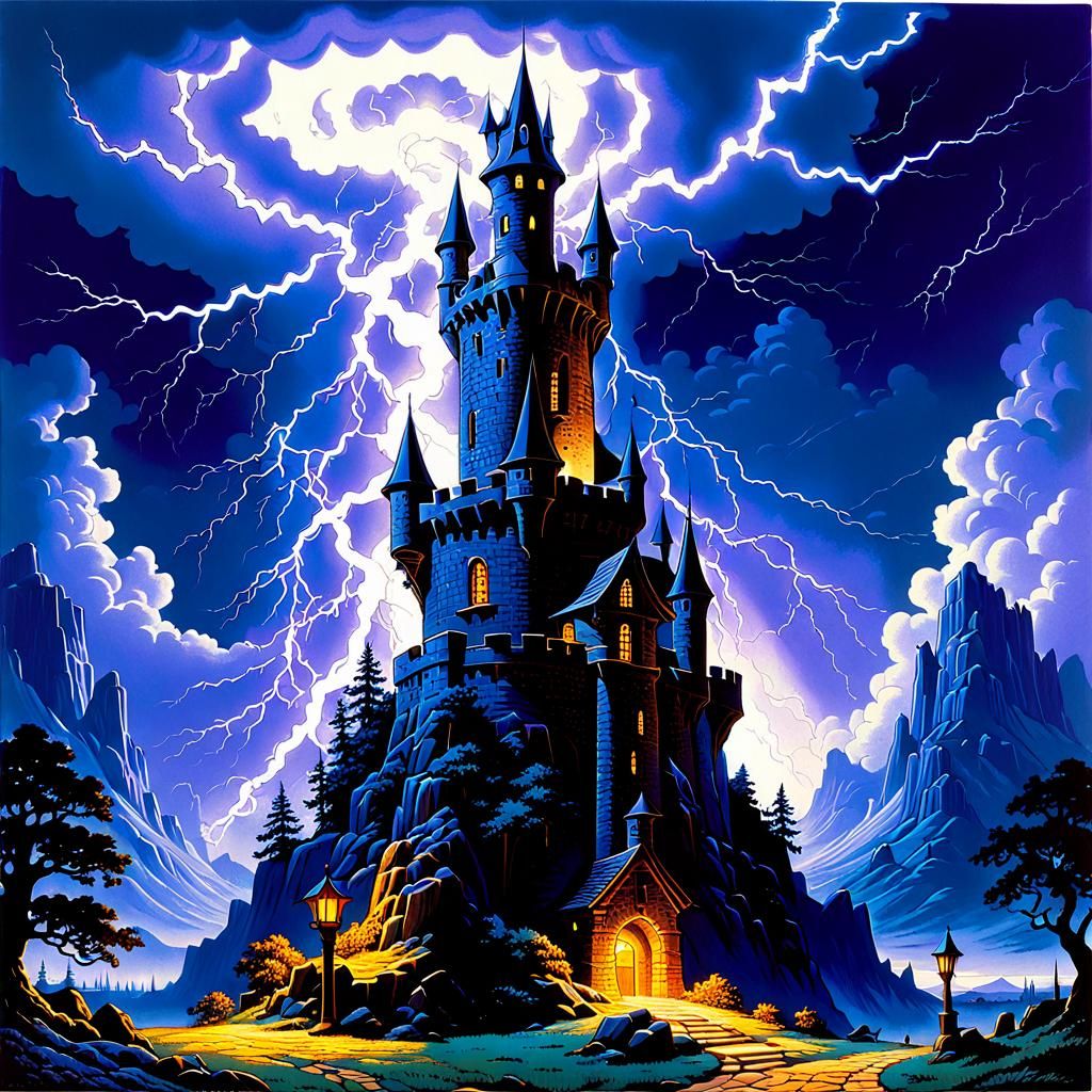 Wizard's Tower Lit by Lightning, Fantasy Illustration