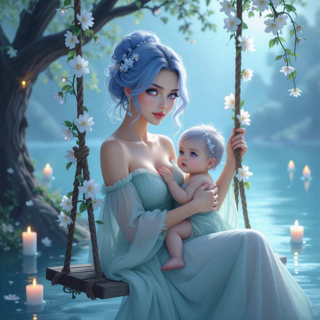 Ethereal Woman with Blue Hair on Flower Swing