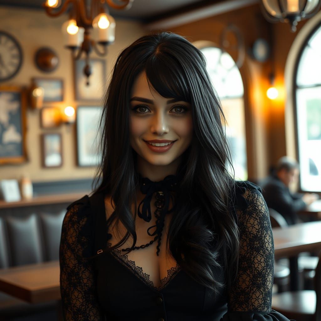 Gothic Woman in Cafe: Moody Hyperrealistic Portrait
