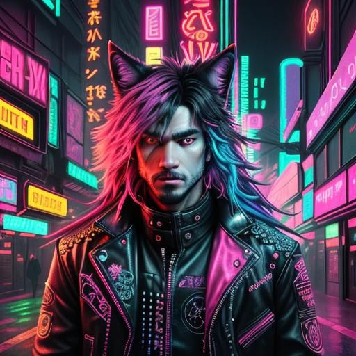 Neon Cyberpunk Wolf with Geometric Lights