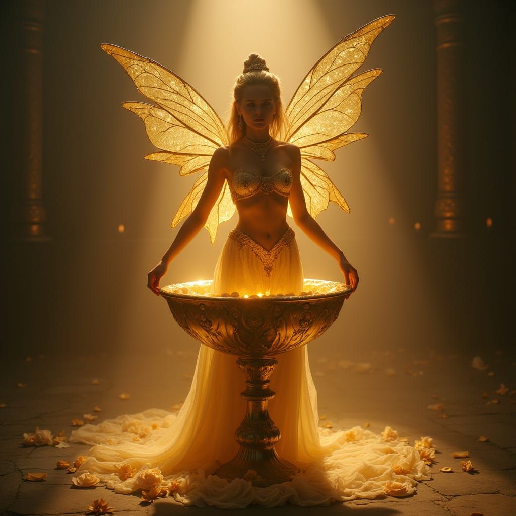 Genie Fairy Emerges from Golden Chalice