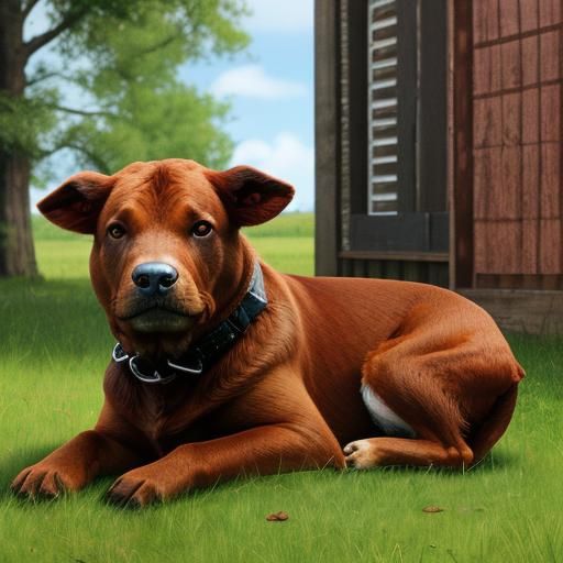 Hyperrealistic Scene of Brown Cow, Dog, and Cat