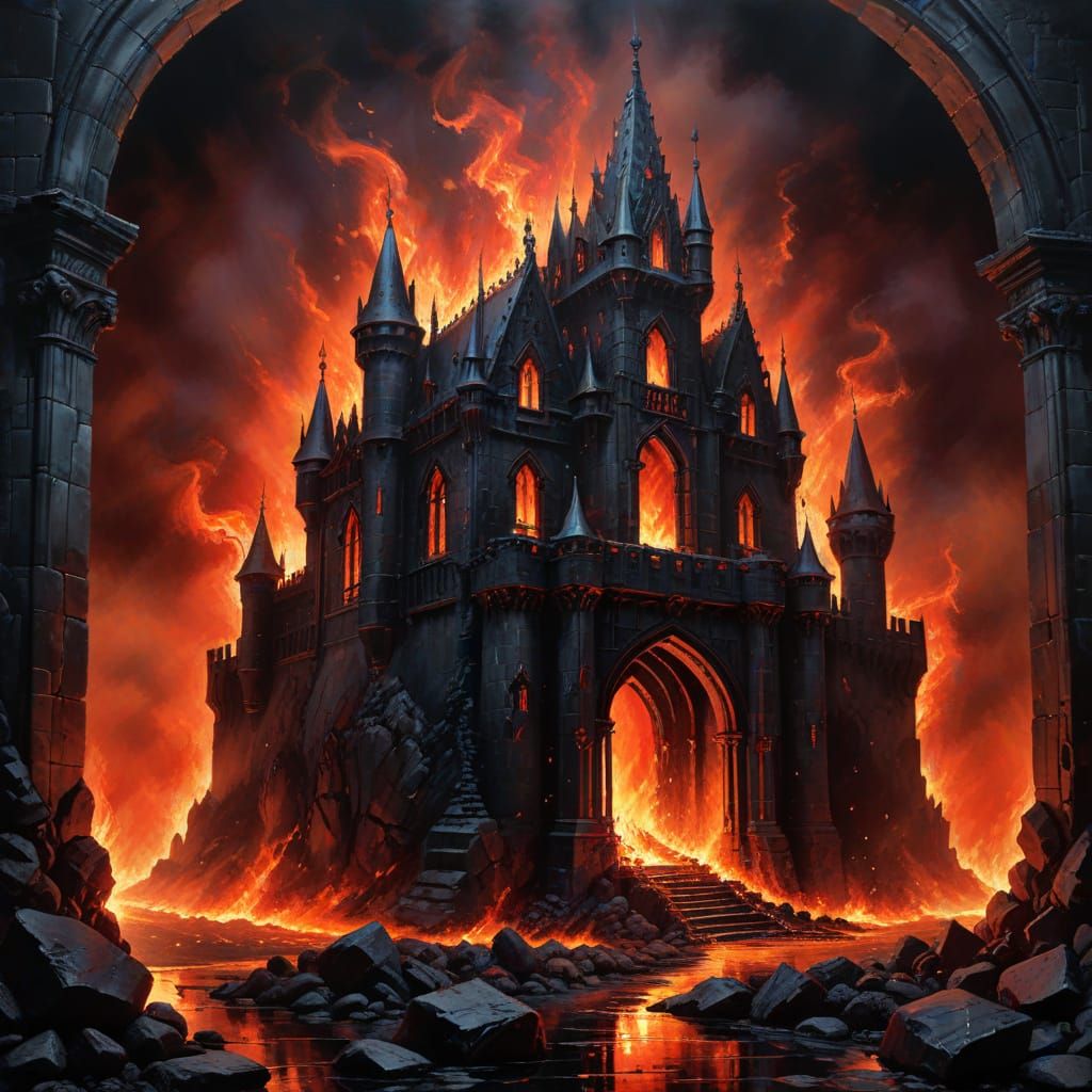 Gothic Castle Engulfed in Flames Tactile Ink Painting