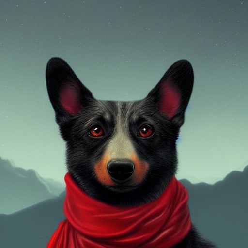 Black Corgi with Red Scarf Digital Painting
