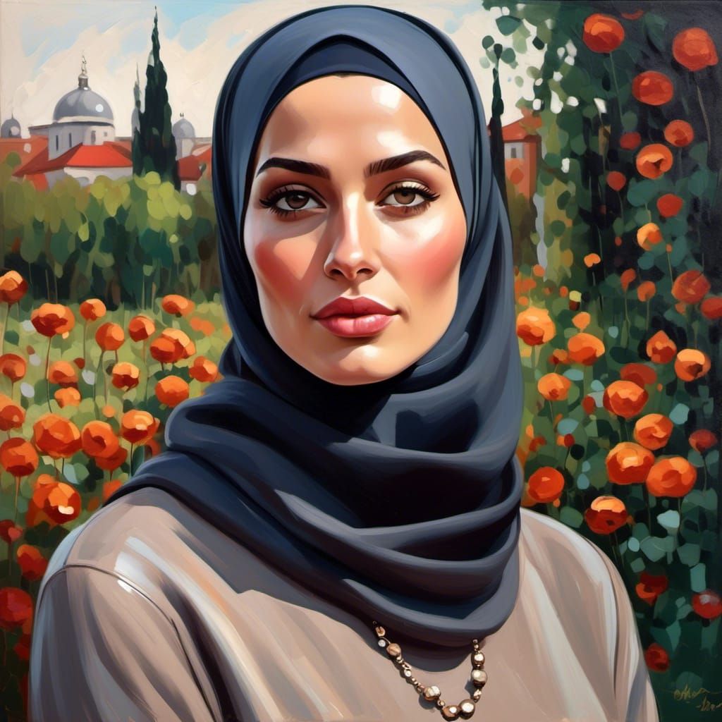 European Hijabi Woman Portrait in Oil Gouache Style