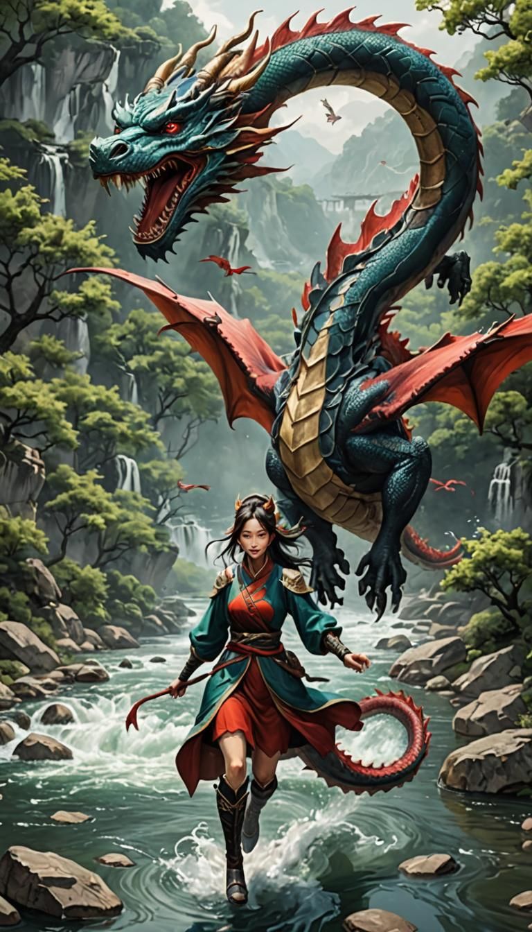 Dragon-Girl in Flight Over River Landscape
