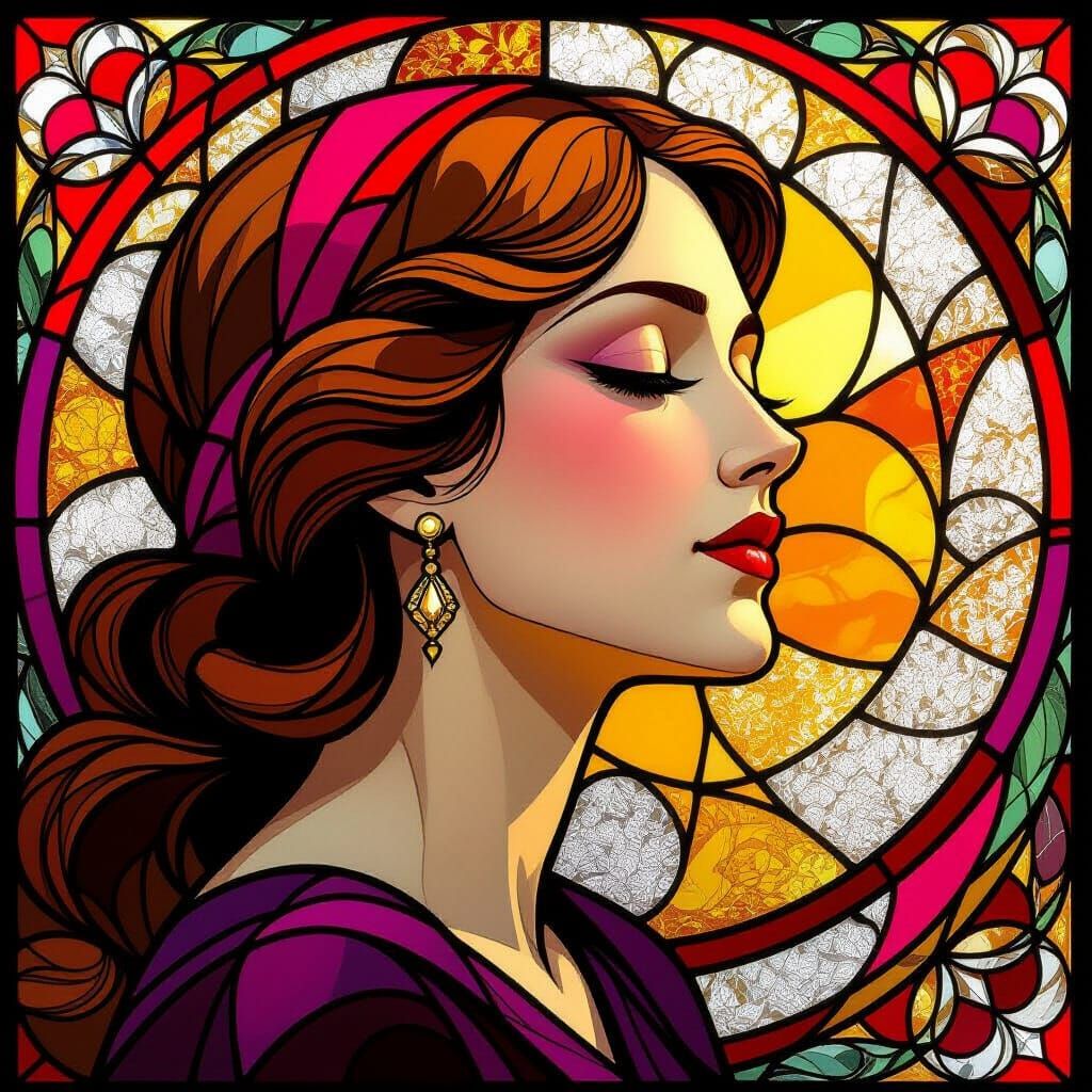 Stained Glass Woman Portrait in Profile