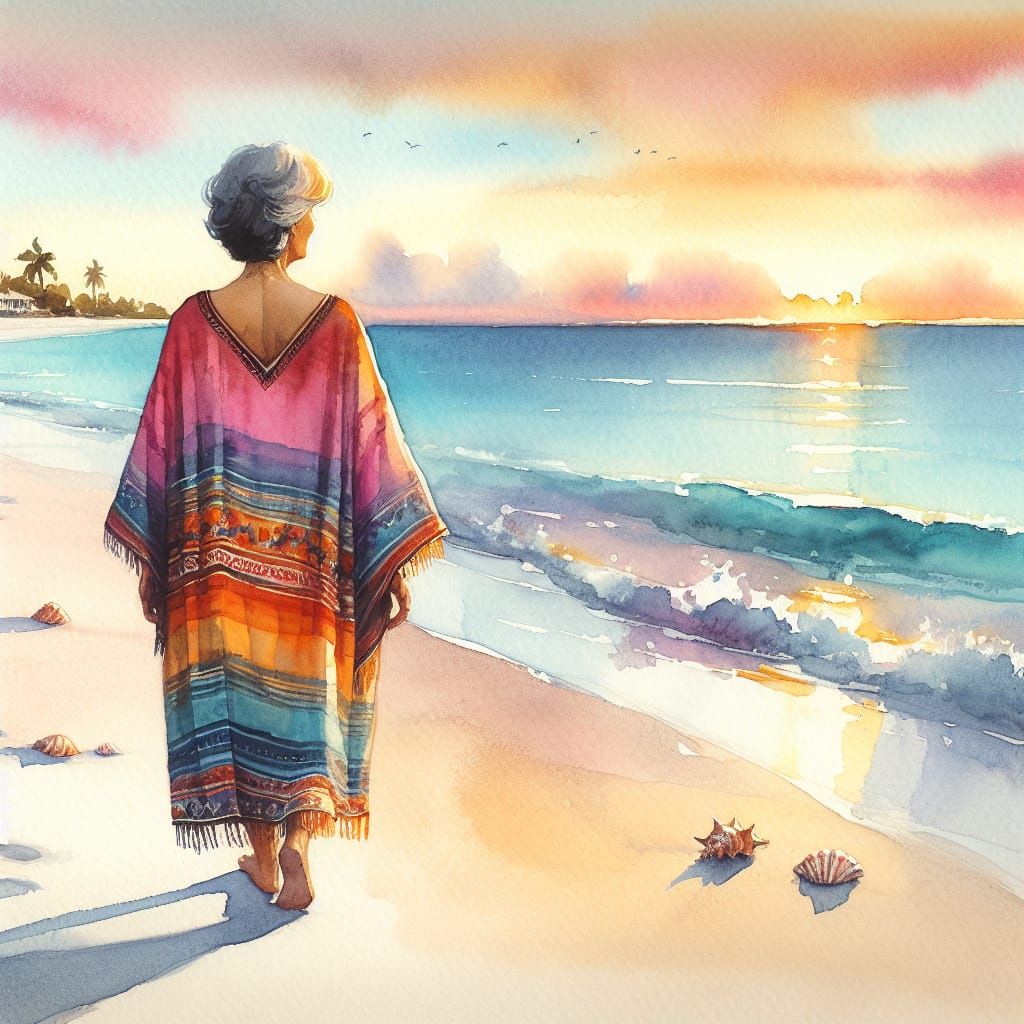 Woman in Vibrant Caftan Walks Alone on Pristine Ocean Beach ...