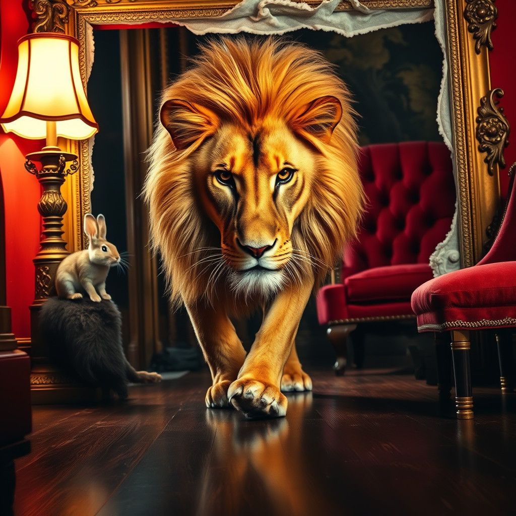 Lion Emerges from Painting in Hyperrealistic Cinematic Style