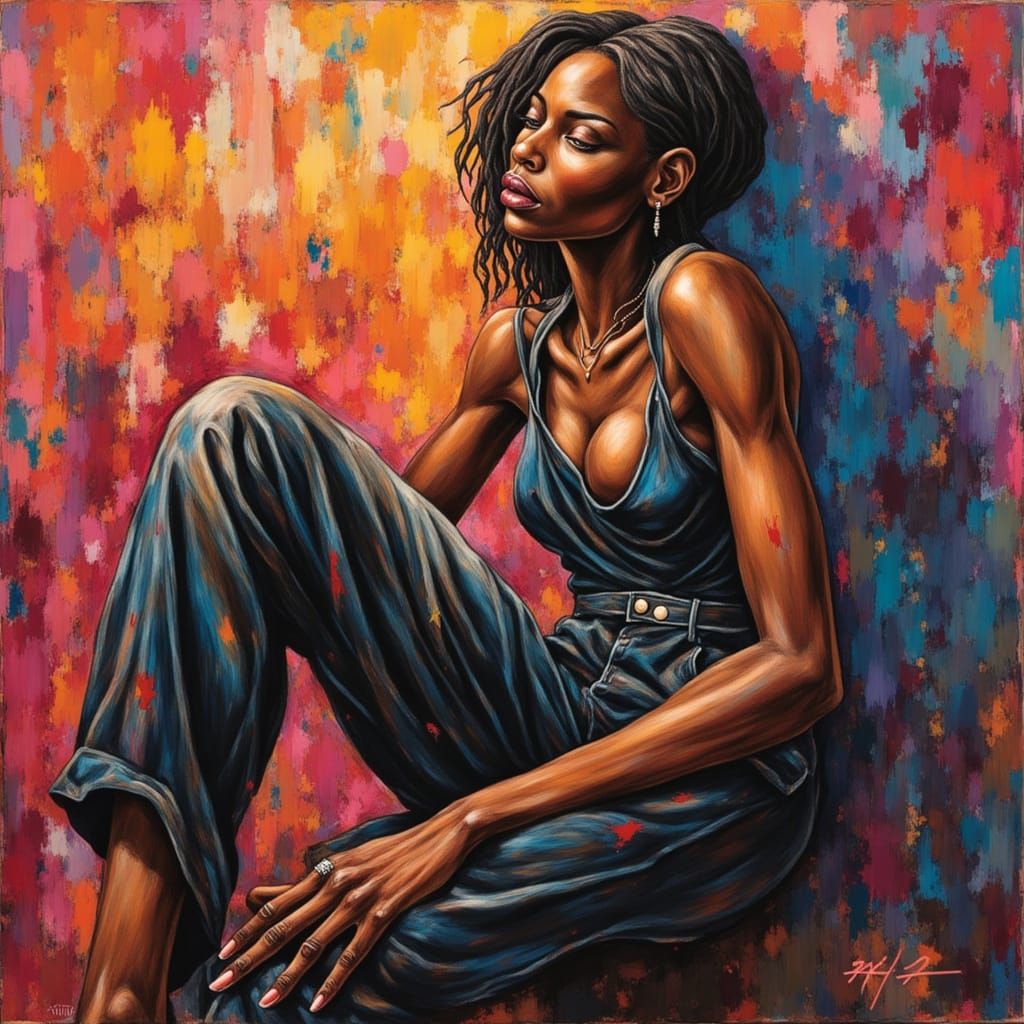 Abstract Acrylic Painting of a Seated Woman