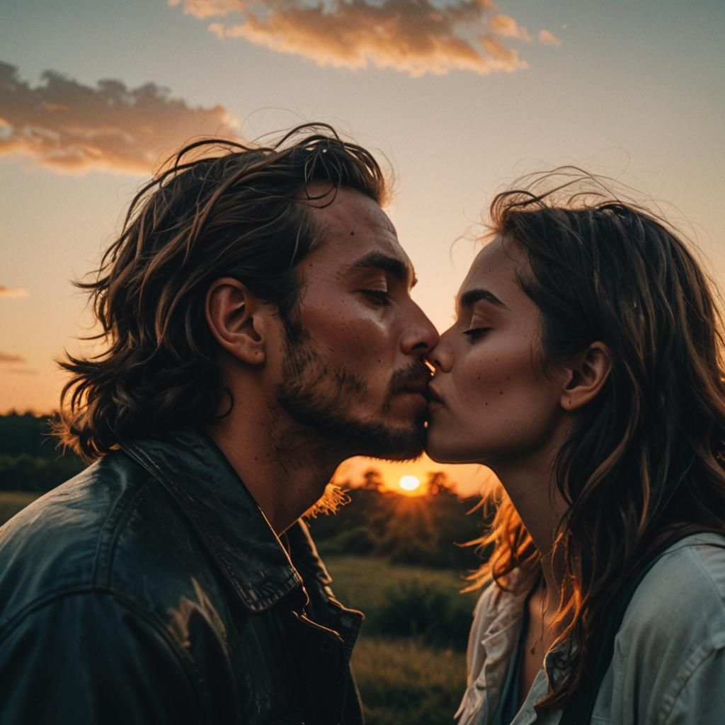Romantic Sunset Kiss: Cinematic Film Still