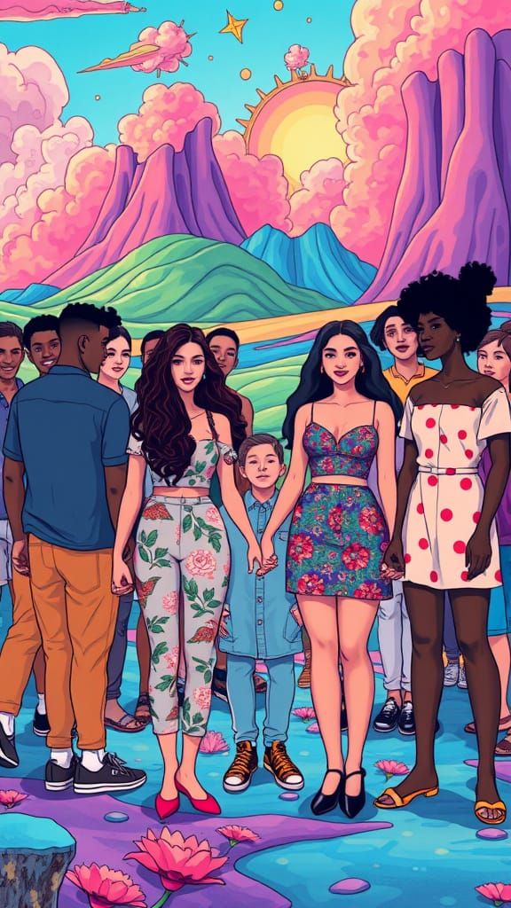 Diverse Group United in Surreal Pop Art Landscape