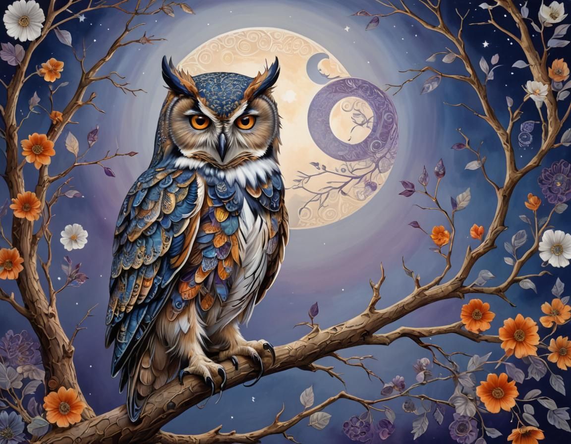 Mystical Owl Perched on Branch Under Moonlight
