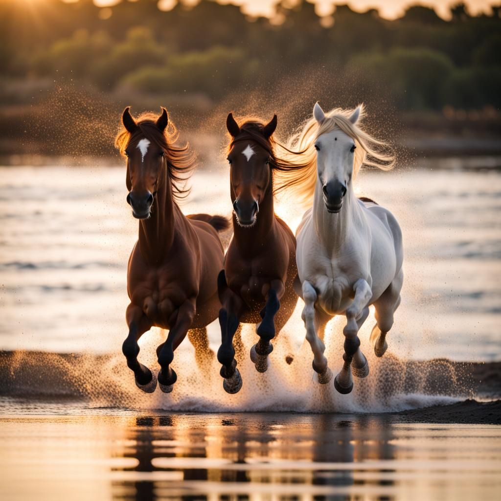 Horses Play on Beach in Natural Light Photo